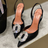 spring and summer new oval rhinestone square buckle high heels satin fashion sandals