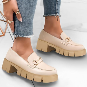 Womens Chunky Platform Lug Sole Loafers Mid Heel Square Toe Dress Walking Work Shoes with Buckle Chain
