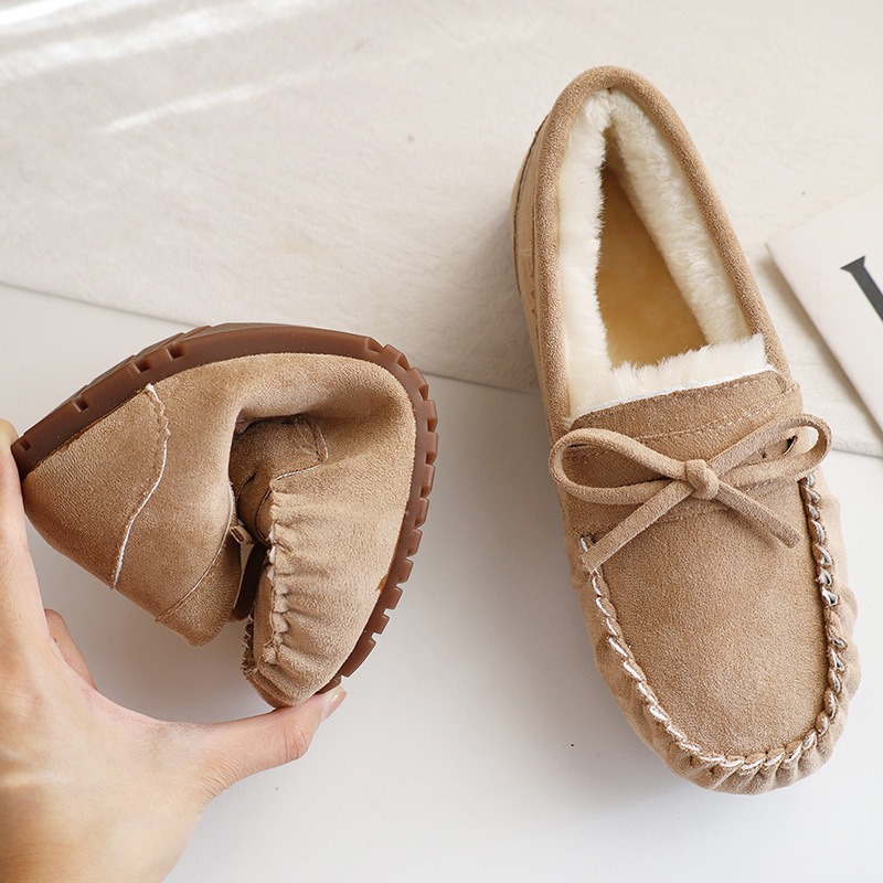 Women Casual Flat Shoes Women's Moccasins Soft Loafers Fashion Comfort Warm Plush Bow Slip on Female Cotton Shoes