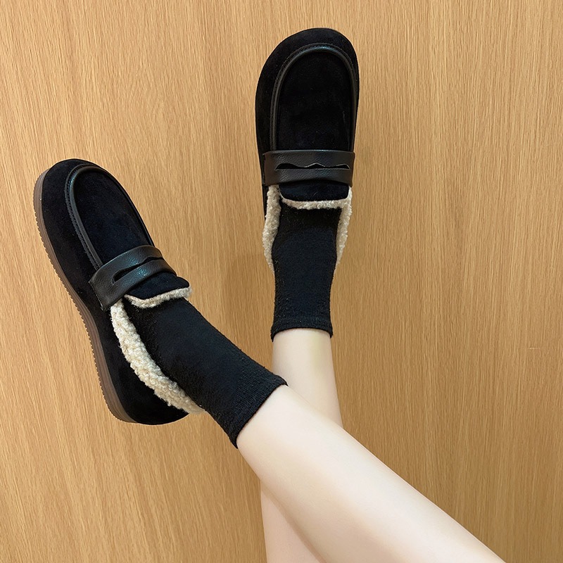 Winter Women Shoes Short Plush Outdoor Sewing Slip-On Casual Ladies Non-Slip Bottom Moccasins Female Comfortable Flats Loafers