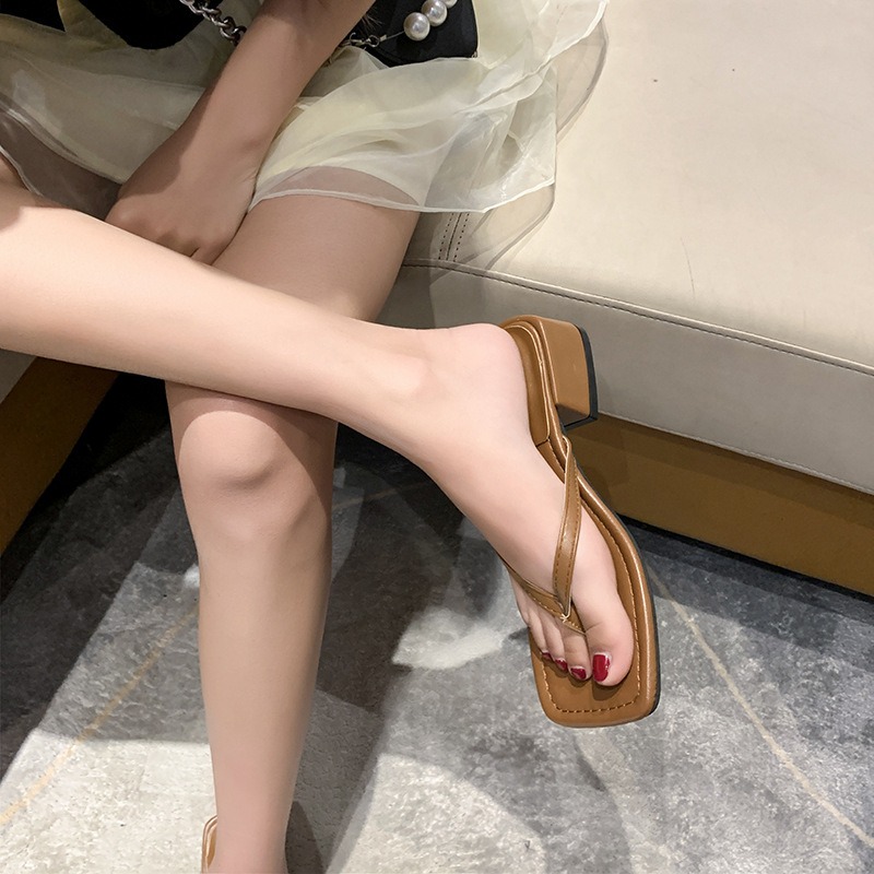 Women's Flip Flops New Summer Square Toe Chunky High Heel Slippers Women Fashion Trend Casual Sandals