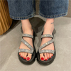 Women Summer Flat Slippers Rhinestone Shoe Open Toe Roman Beach Sandal ladies Slides Black Non-slip 