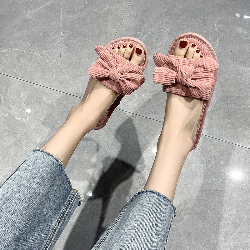 Wholesale Spring and Autumn women's fashion trend comfortable bow flat flip-flops home fabric slippers