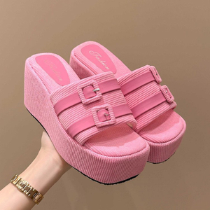 Square Head Platform Slippers Belt Buckles Corduroy Open-toe Women Sandals Summer New 2024 Designer Shoes Fashion Wedge Sandals