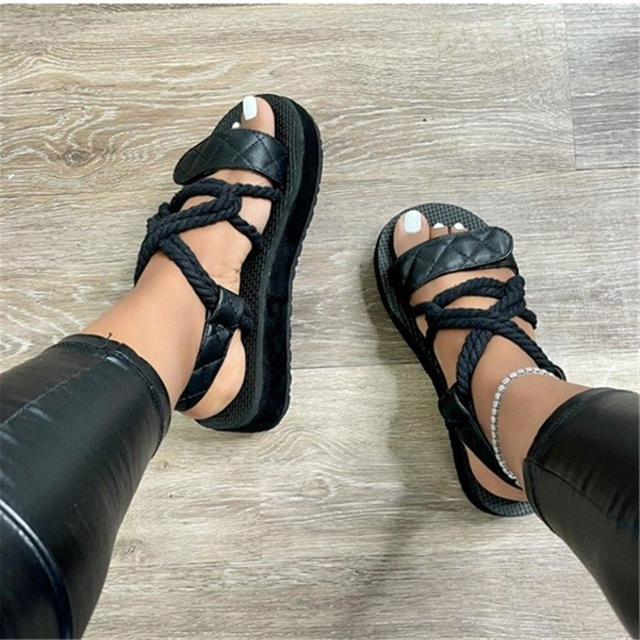 sandal 2024 summer sandals for women flat sandals cross-border solid color foreign trade plus-size shoes thick sole rope Europe Beautiful