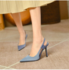 High heels women's slender heels autumn new satin blue pointy single shoes back trip strap with skirt wrapped head women's sandals
