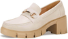 Womens Chunky Platform Lug Sole Loafers Mid Heel Square Toe Dress Walking Work Shoes with Buckle Chain