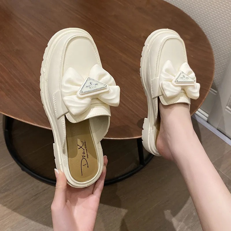 New Black White Fashion Bow Button Loafers Women Chunky Shoes Slip On Spring Summer Female