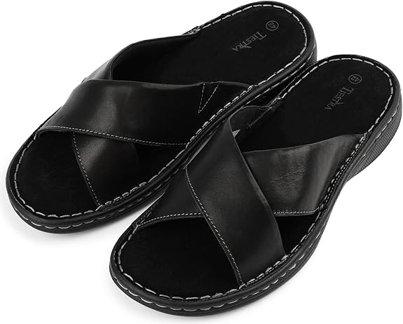 Mens Napa Leather Slides Sandals Soft Cushion Dress Sandals with Memory Foam Footbed Comfortable & Lightweight Summer Beach Indoor & Outdoor Slip On Casual Footwear
