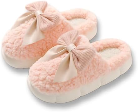 Bow Slipper for Home Bedroom Thick Sole Indoor Cute Fuzzy Footwear for Spring/Fall/Winter Holiday Season