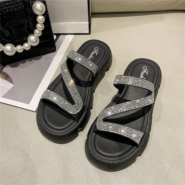 Women Summer Flat Slippers Rhinestone Shoe Open Toe Roman Beach Sandal ladies Slides Black Non-slip 