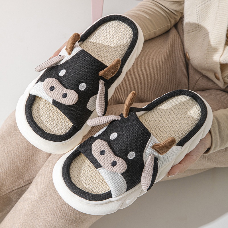 Four Seasons Universal Indoor Home Cow Linen Slippers Sandals Cute Cartoon Non-slip