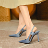High heels women's slender heels autumn new satin blue pointy single shoes back trip strap with skirt wrapped head women's sandals