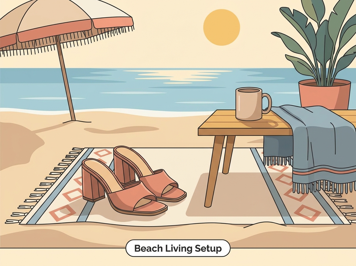 A beautifully designed cozy outdoor beach living space with comfortable seating and coastal decor