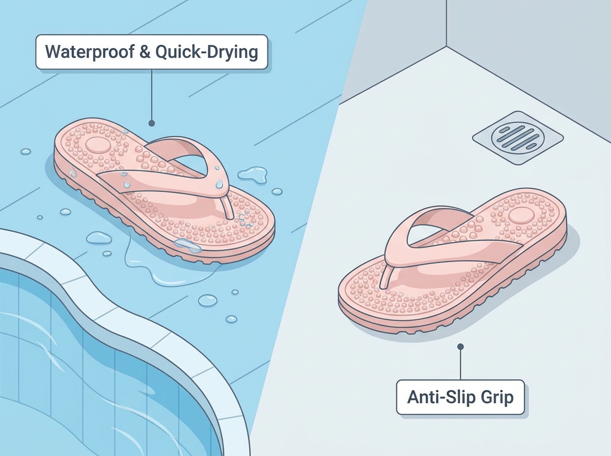 A pair of stylish and comfortable beach flip flops resting on warm summer sand