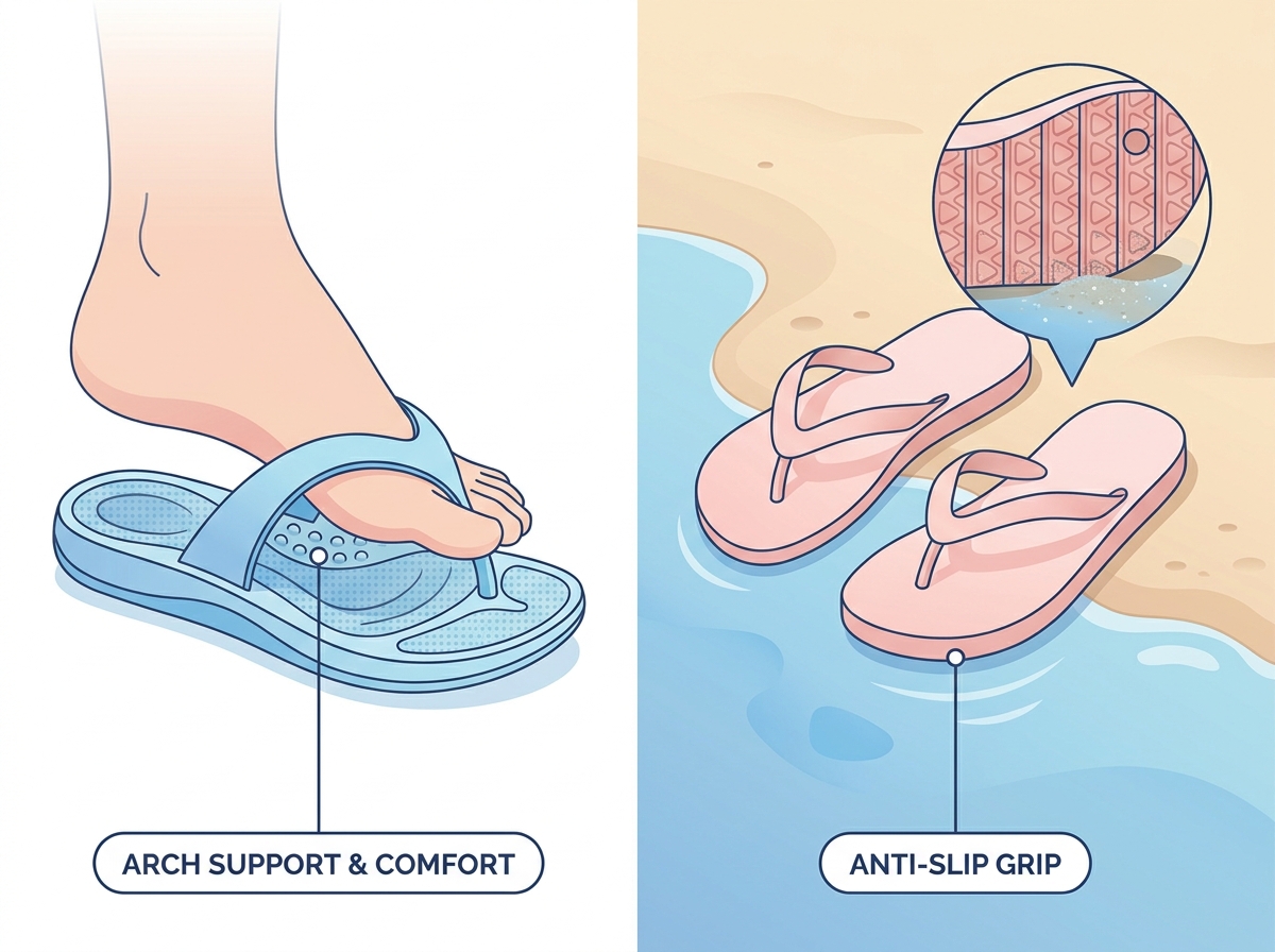 A pair of comfortable and supportive beach flip flops resting on the sand