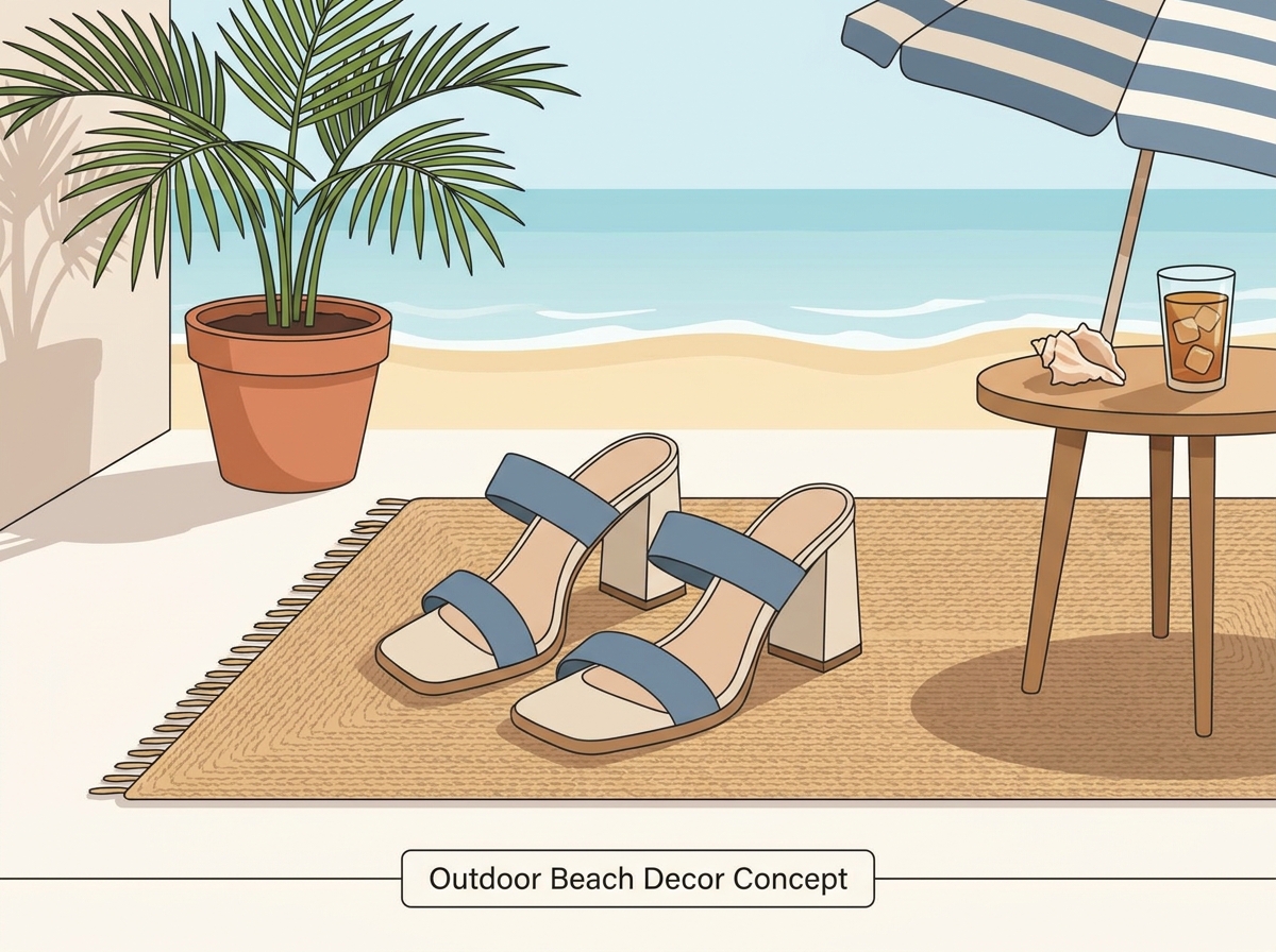 A beautifully decorated outdoor beach patio featuring coastal furniture and maritime accessories