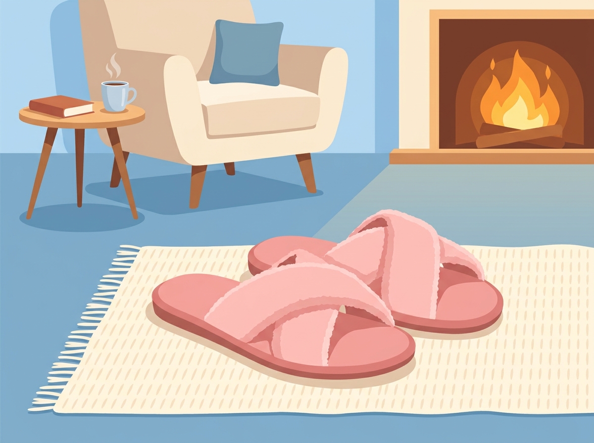 A comfortable pair of home cotton slippers resting on a soft indoor rug