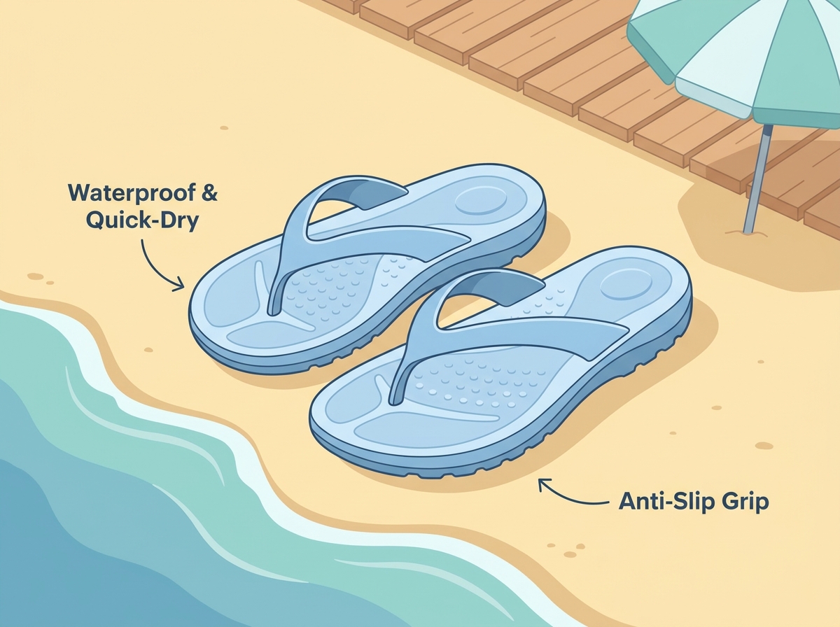 Beach flip flops resting on the sand during a travel vacation